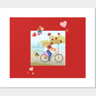 Cute couple cycling together in a windy weather Posters and Art